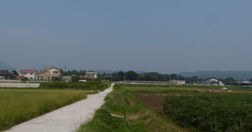 田園風景の中を続く細い道と住宅地のある日本の郊外