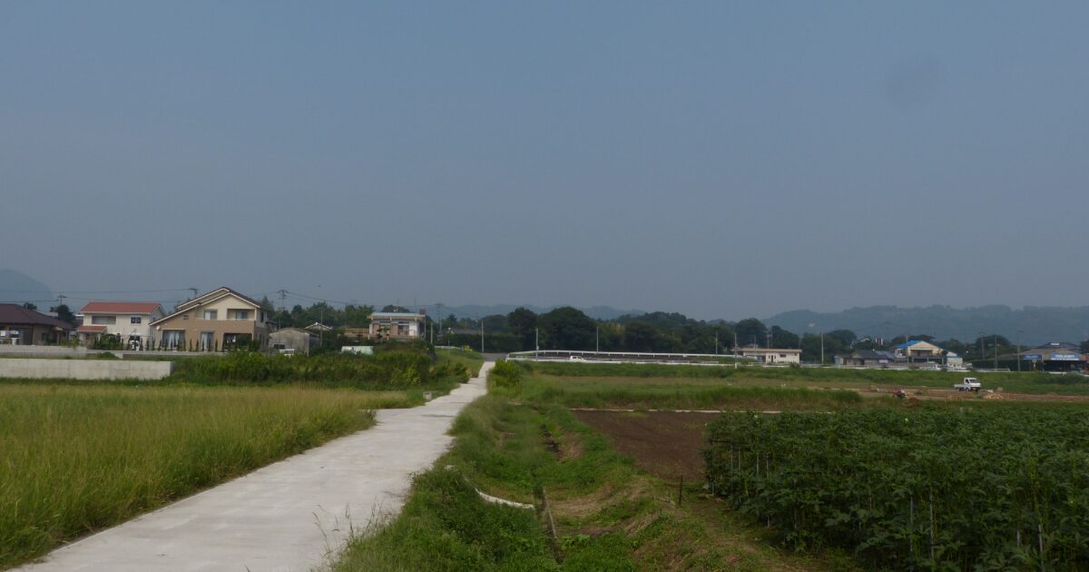 田園風景の中を続く細い道と住宅地のある日本の郊外