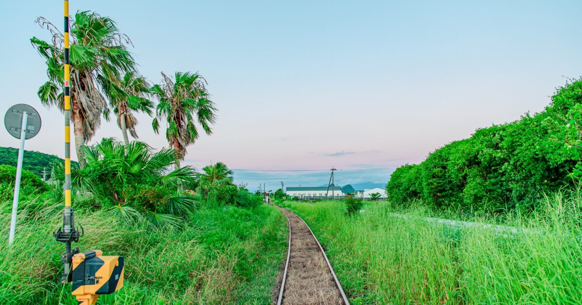南国の植物に囲まれたローカル線の線路と田舎風景