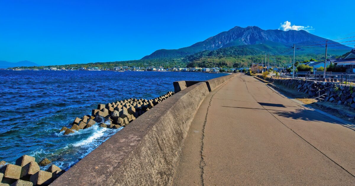 桜島を望む海沿いの防波堤と道路の風景