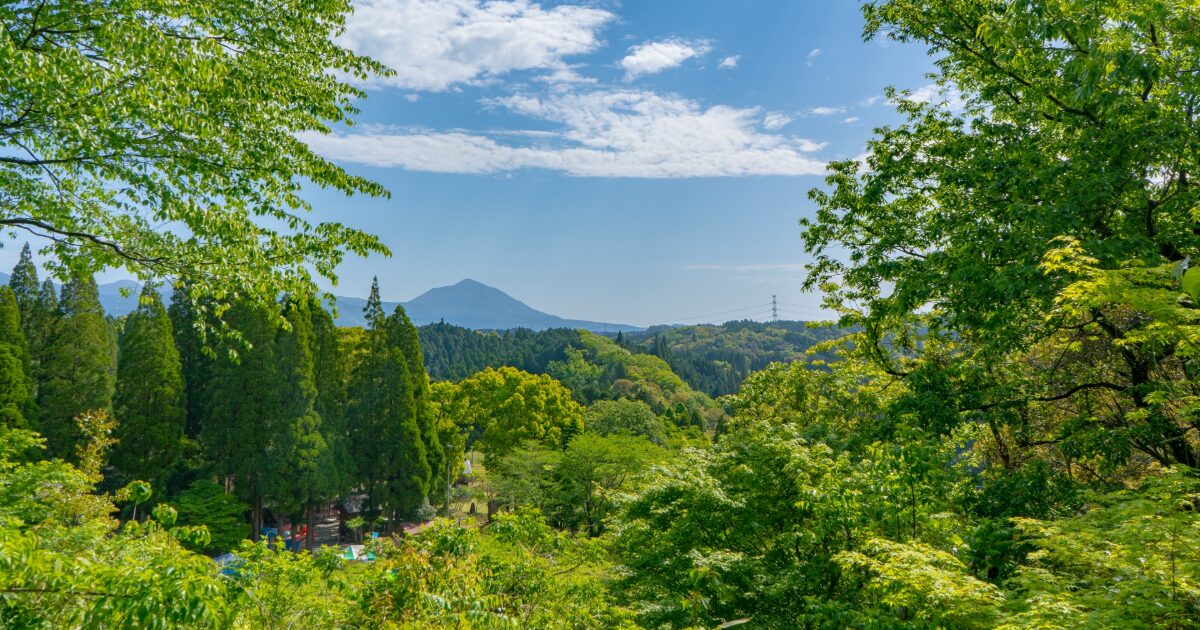 霧島連山の高千穂峰を望む緑豊かな山々の風景